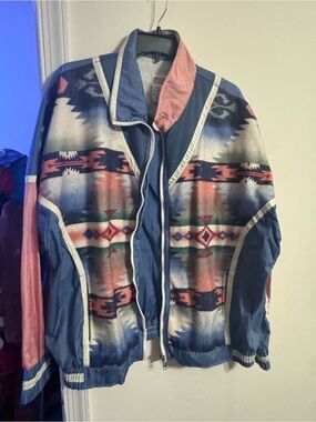 Vintage -  Women’s Aztec Pattern Windbreaker Jacket / shorts set  - Blue & Coral